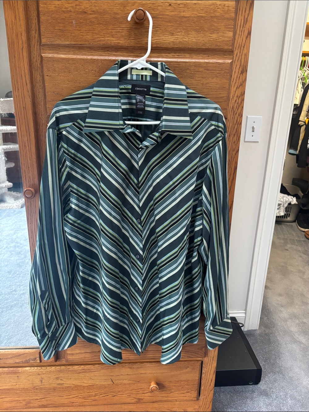 Claiborne Men's Green and Black Diagonal Stripe Button-Down Shirt
